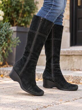 Vintage Hush Puppies Leather Suede Wedge Winter Boots Tall Black Size 9